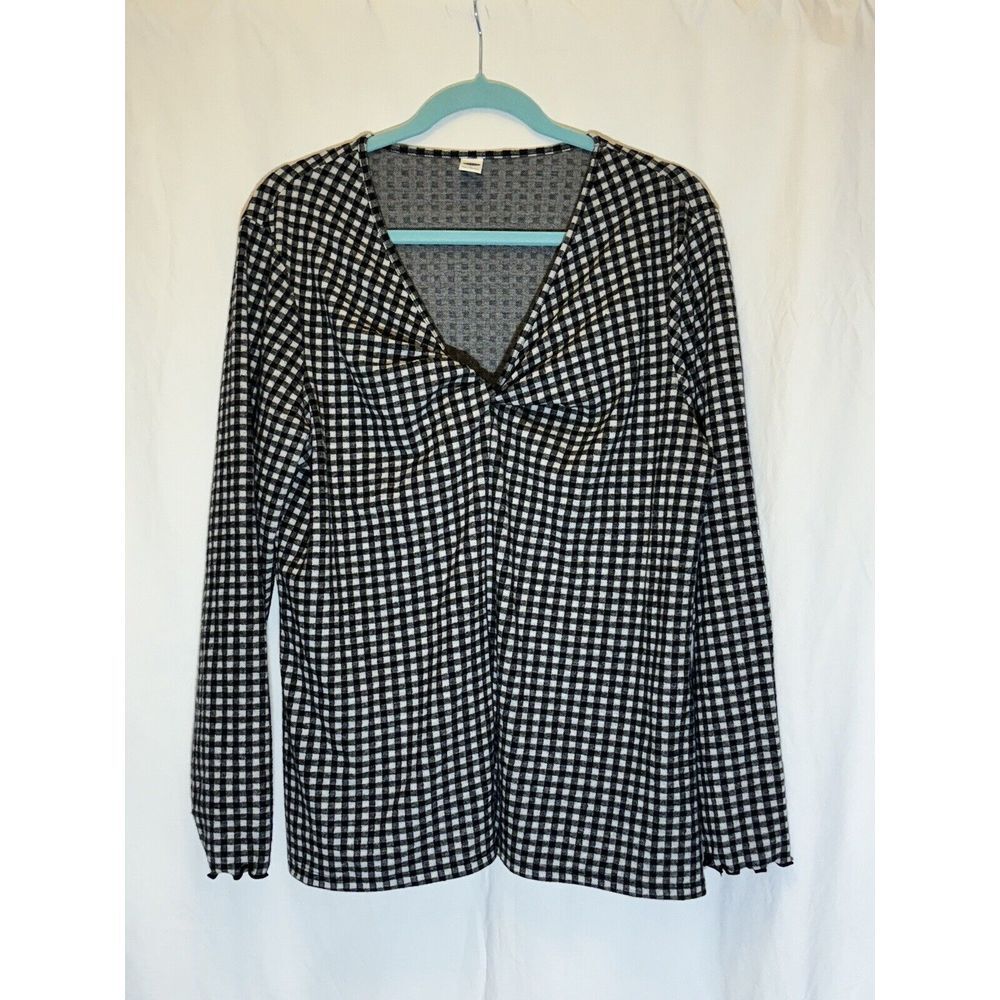 Old Navy NWT Women's XL Top Black White Gingham Twist Long Sleeve‎ Stretch W14